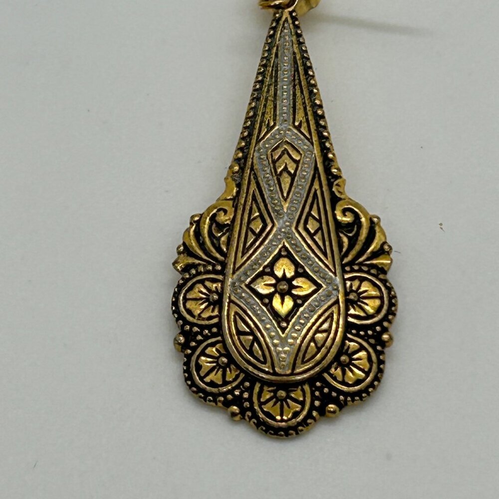 Vintage Damascene Teardrop Dangle Earrings Gold-Tone Silver-Tone Inlay Retro - Picture 6 of 8